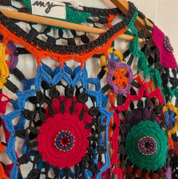 Vintage MY Sportswear Rainbow Colorful Crochet Beaded Open Knit Top Boho Hippie - Picture 2 of 10